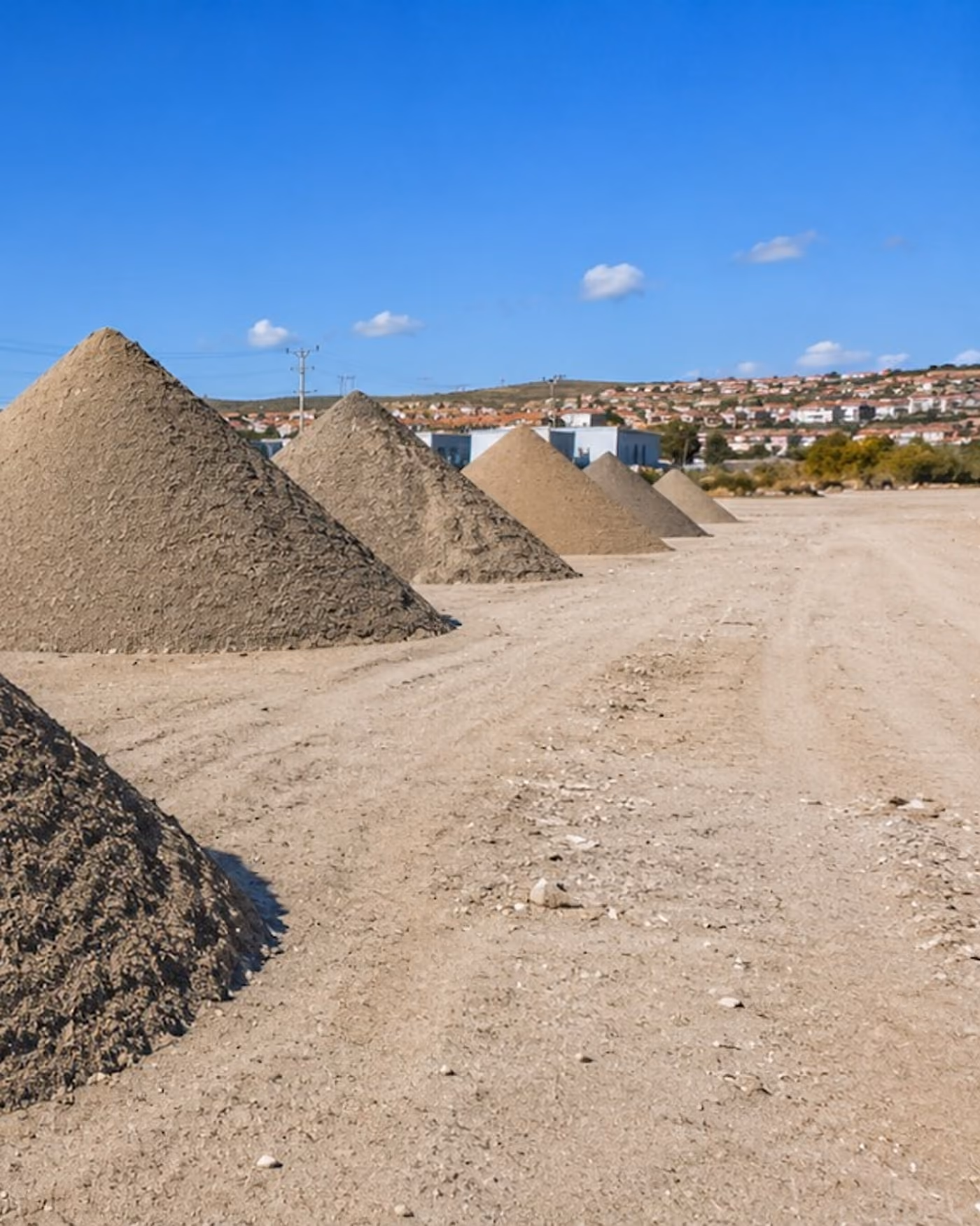 Sıva kumu — stok sahasında sıralanmış elenmiş kum yığınları